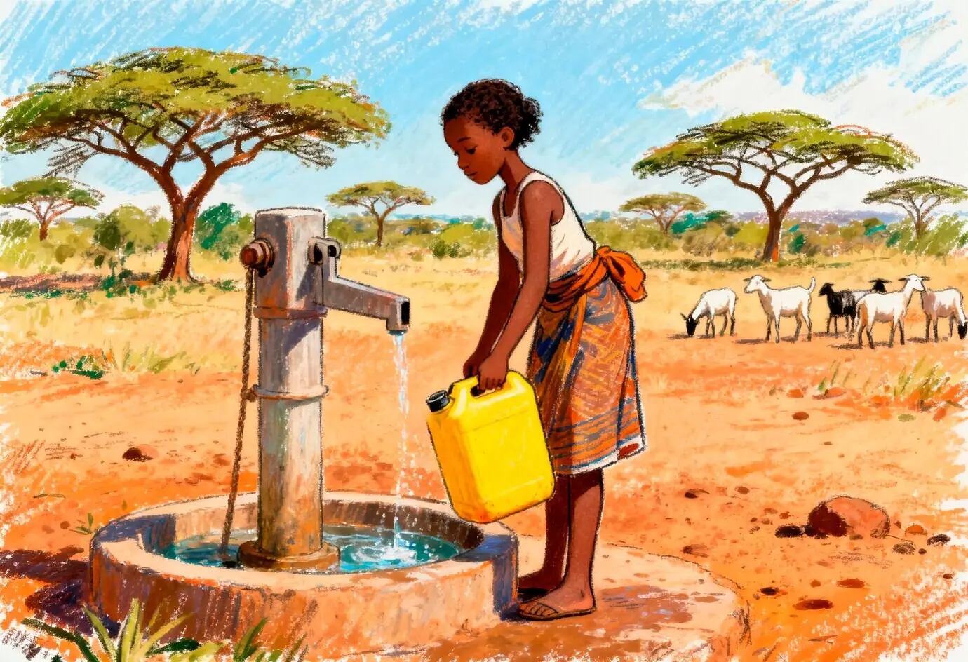 Mädchen füllt Wasser an einer Handpumpe in einer ariden Landschaft