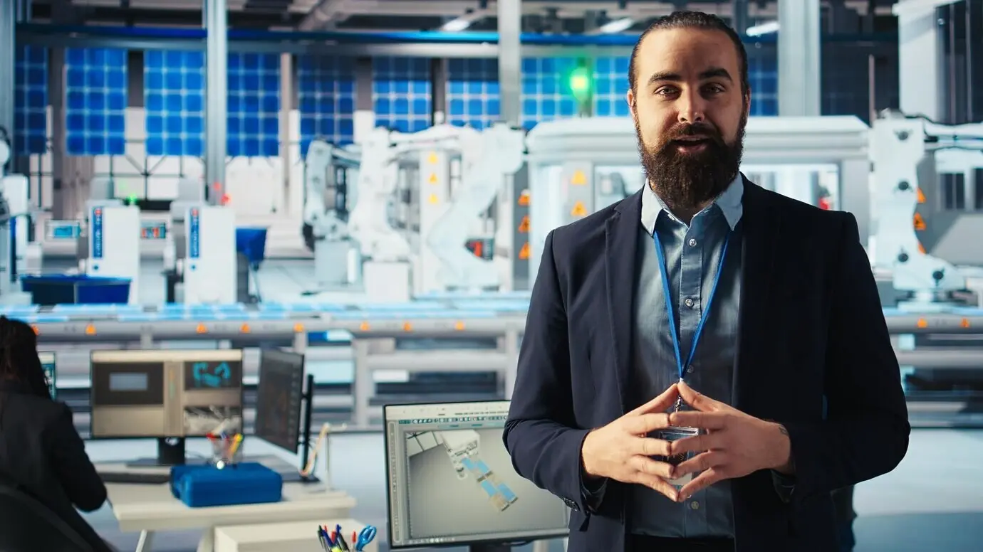 Ein Mann in einer Fertigungsanlage für Solarmodule präsentiert die Erzeugung grüner Energie.