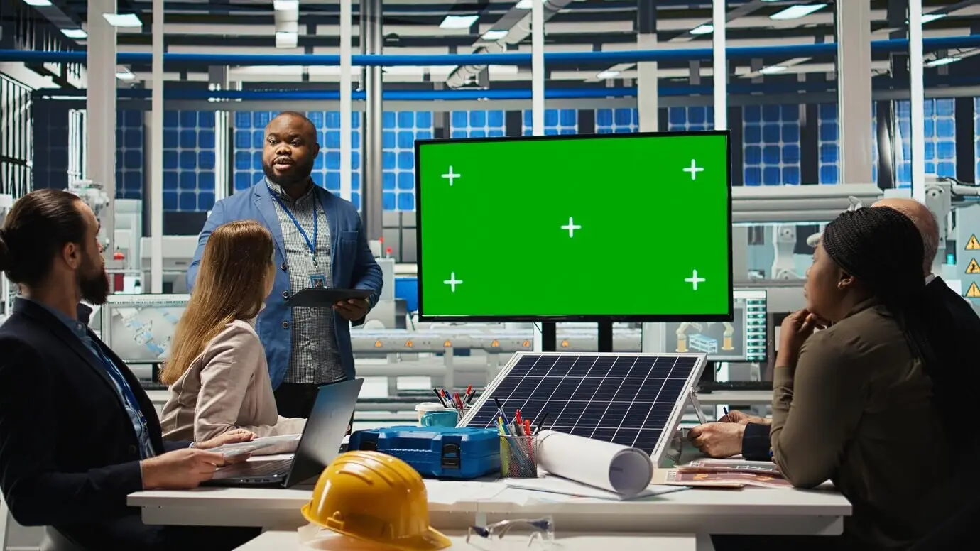Im Büro prüfen Manager Berichte über Solartechnologie auf einem Monitor mit grünem Bildschirm.